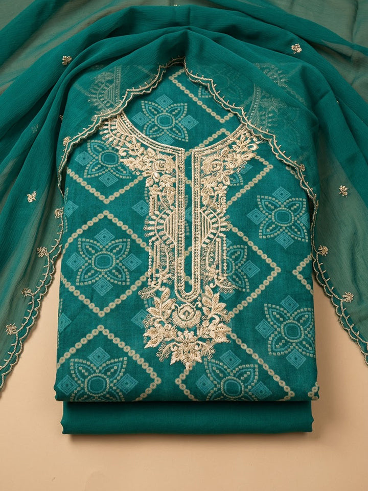 Rama Green Cotton Blend Embroidered Unstitched Dress Material