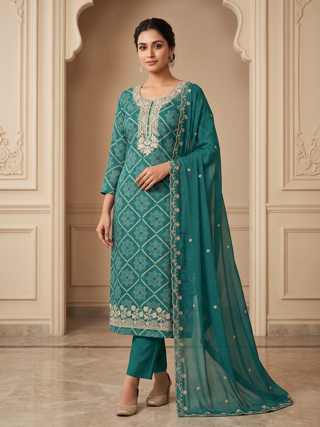 Rama Green Cotton Blend Embroidered Unstitched Dress Material