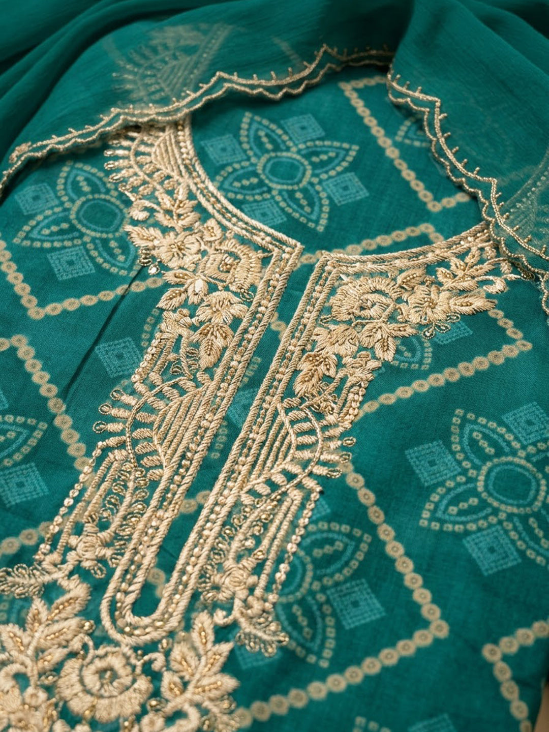 Rama Green Cotton Blend Embroidered Unstitched Dress Material