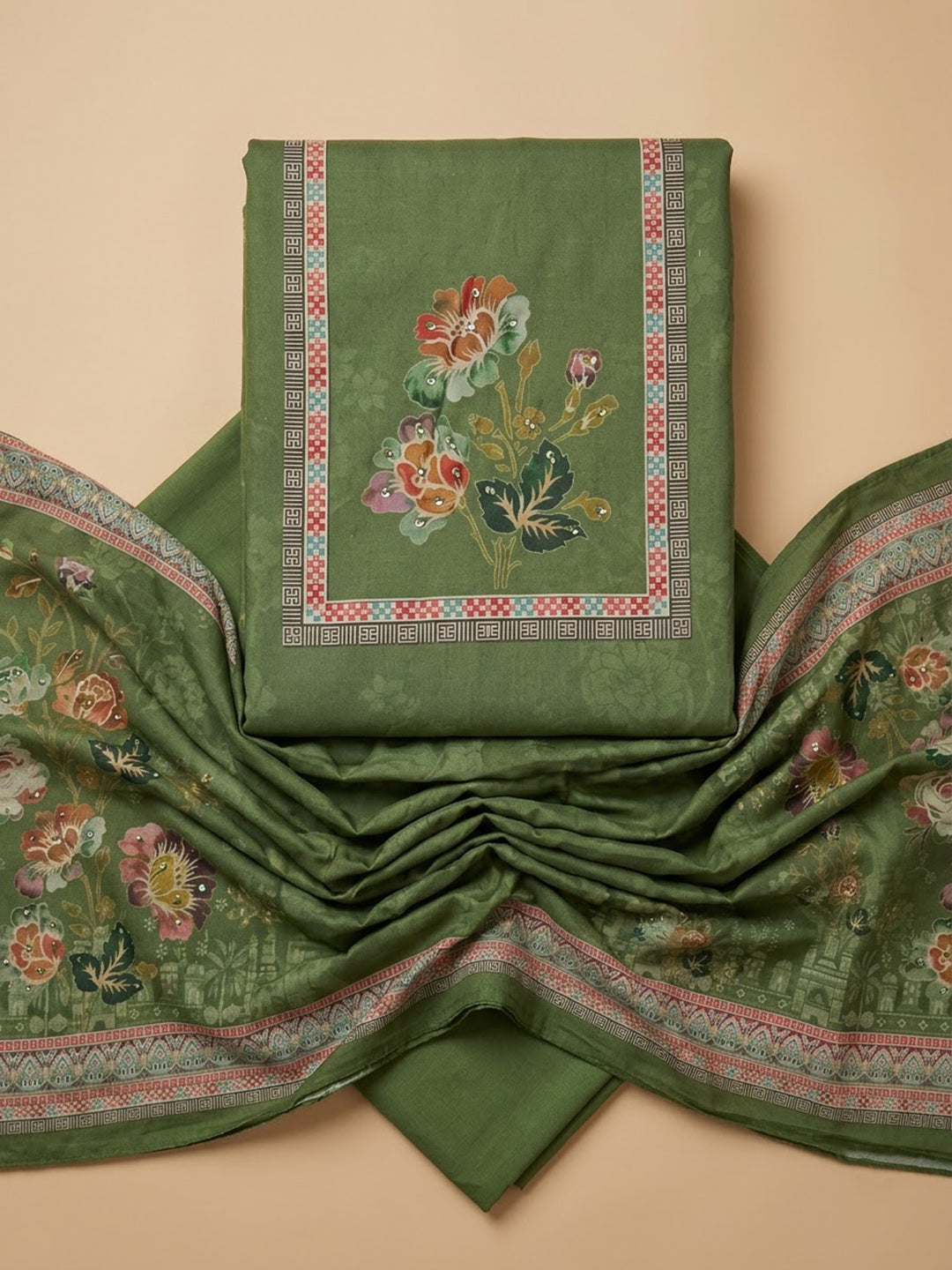 Green Cotton Blend Printed Unstitched Dress Material