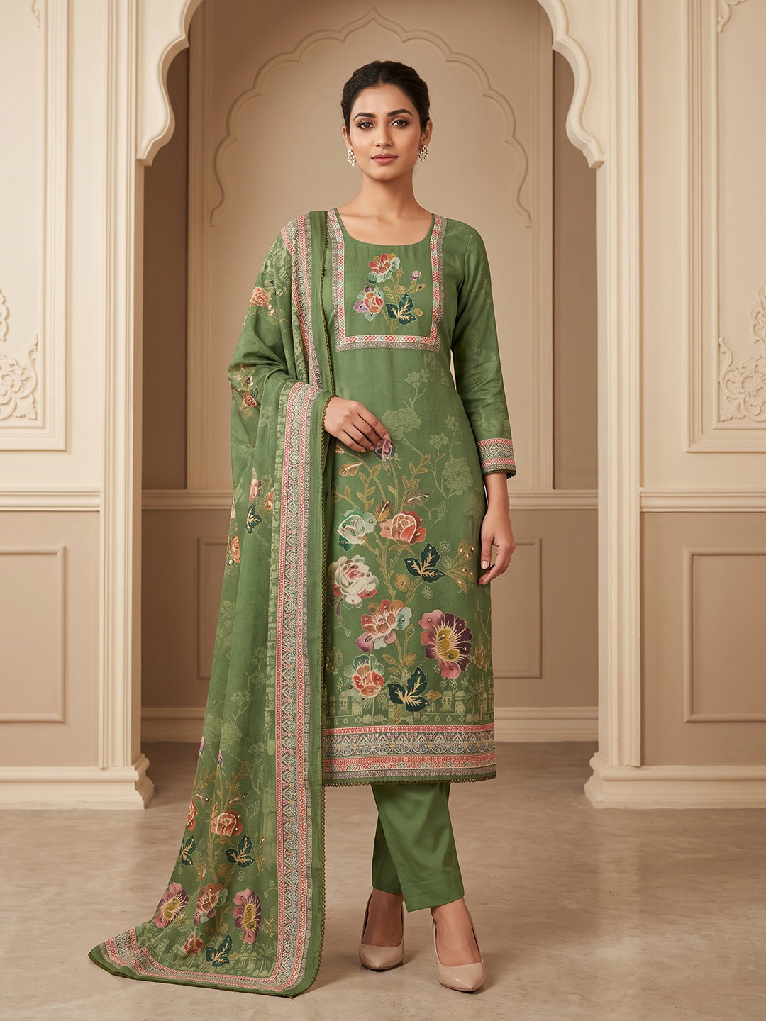 Green Cotton Blend Printed Unstitched Dress Material