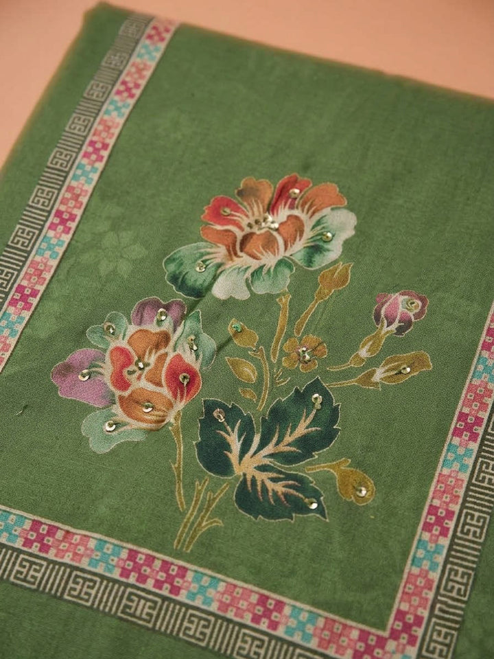 Green Cotton Blend Printed Unstitched Dress Material