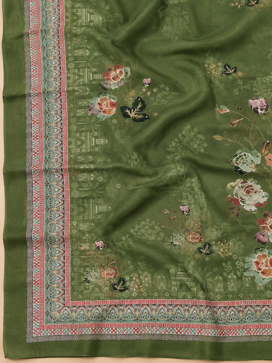 Green Cotton Blend Printed Unstitched Dress Material