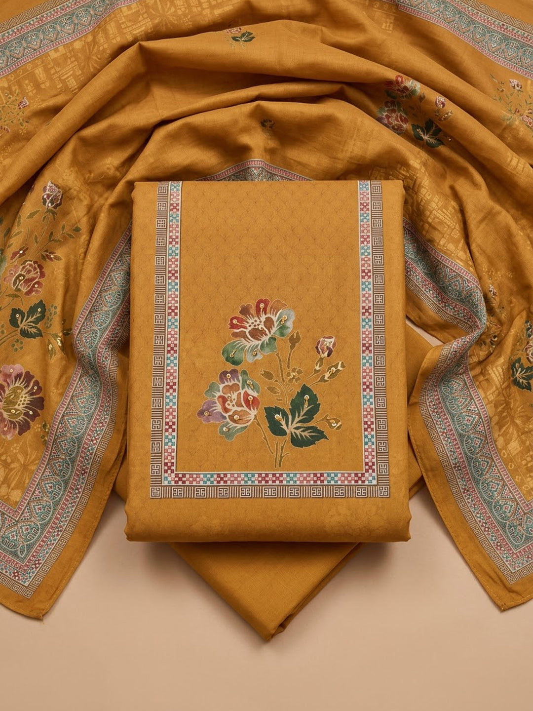Mustard Cotton Blend Printed Unstitched Dress Material