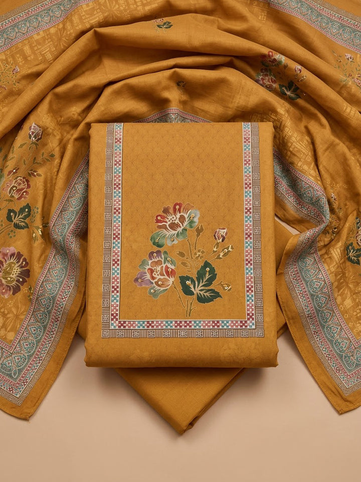 Mustard Cotton Blend Printed Unstitched Dress Material