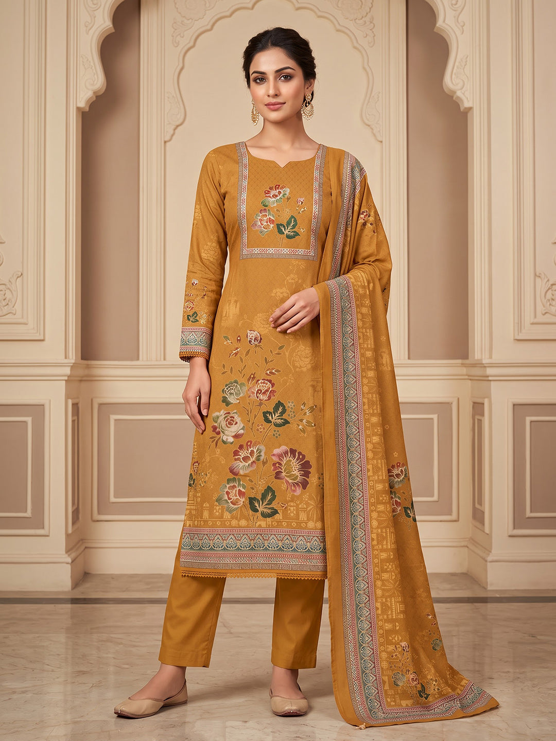 Mustard Cotton Blend Printed Unstitched Dress Material