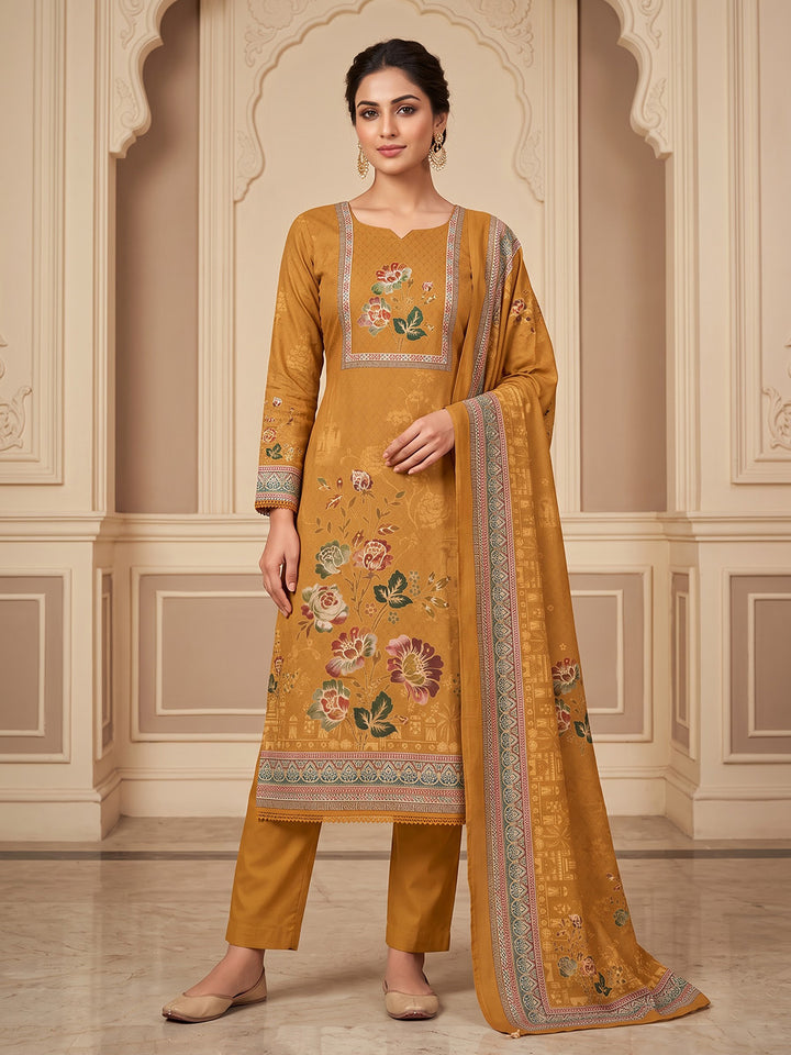Mustard Cotton Blend Printed Unstitched Dress Material