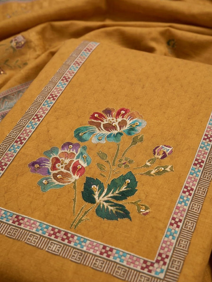 Mustard Cotton Blend Printed Unstitched Dress Material
