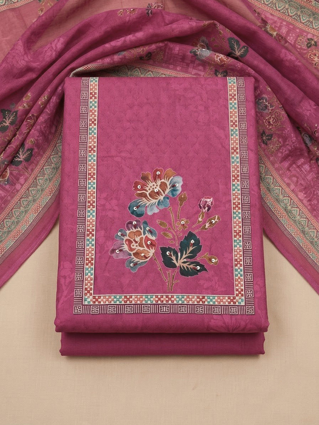 Onion Pink Cotton Blend Printed Unstitched Dress Material