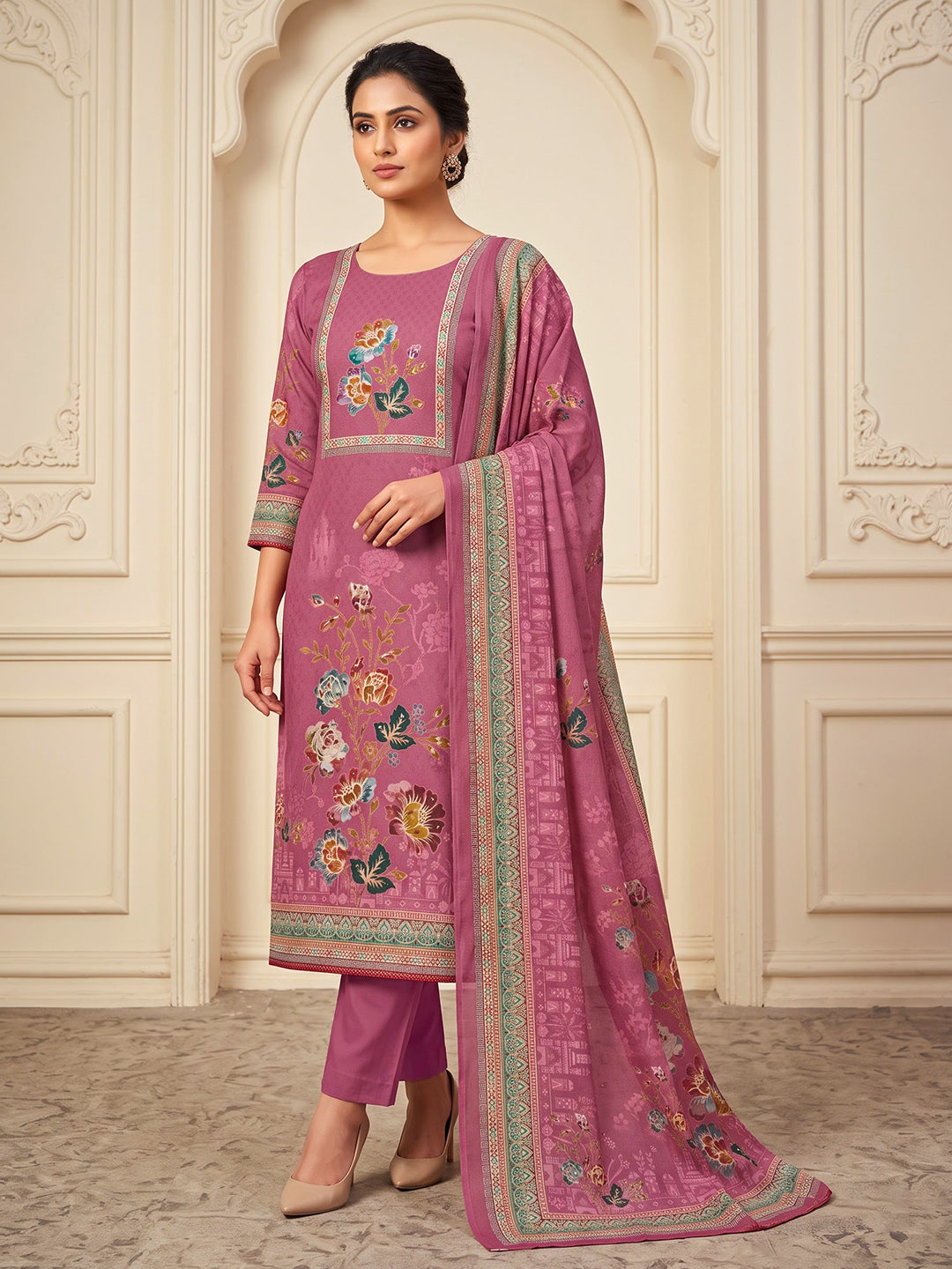 Onion Pink Cotton Blend Printed Unstitched Dress Material