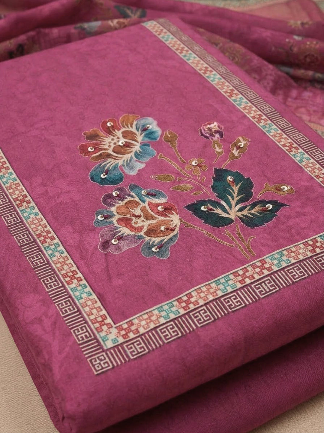 Onion Pink Cotton Blend Printed Unstitched Dress Material