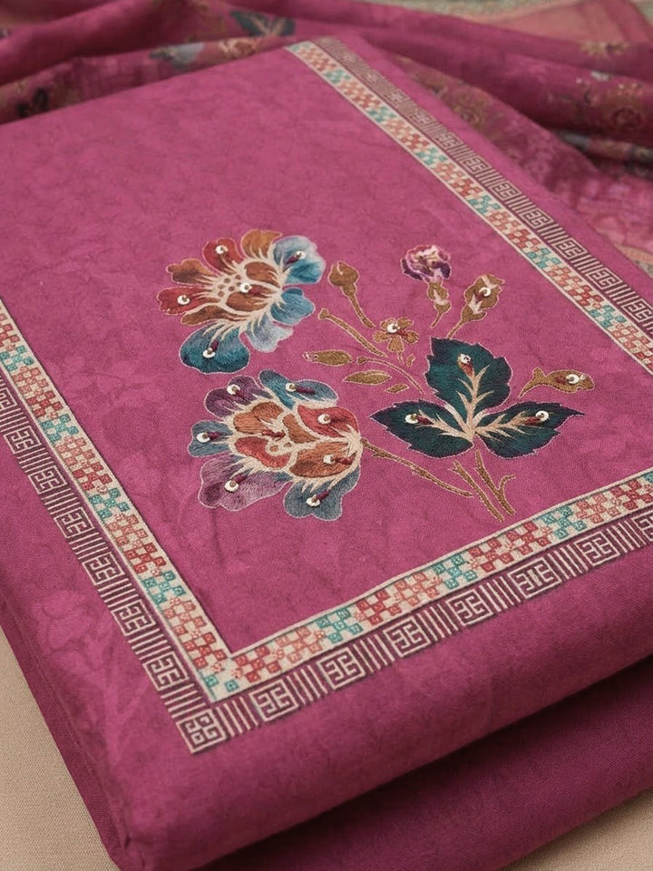 Onion Pink Cotton Blend Printed Unstitched Dress Material