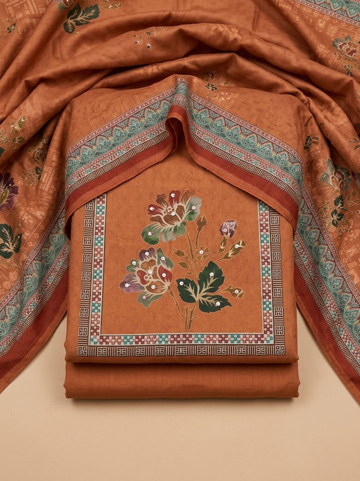 Rust Cotton Blend Printed Unstitched Dress Material