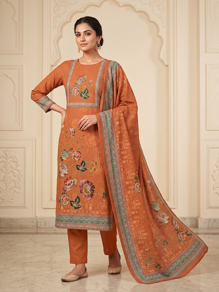 Rust Cotton Blend Printed Unstitched Dress Material