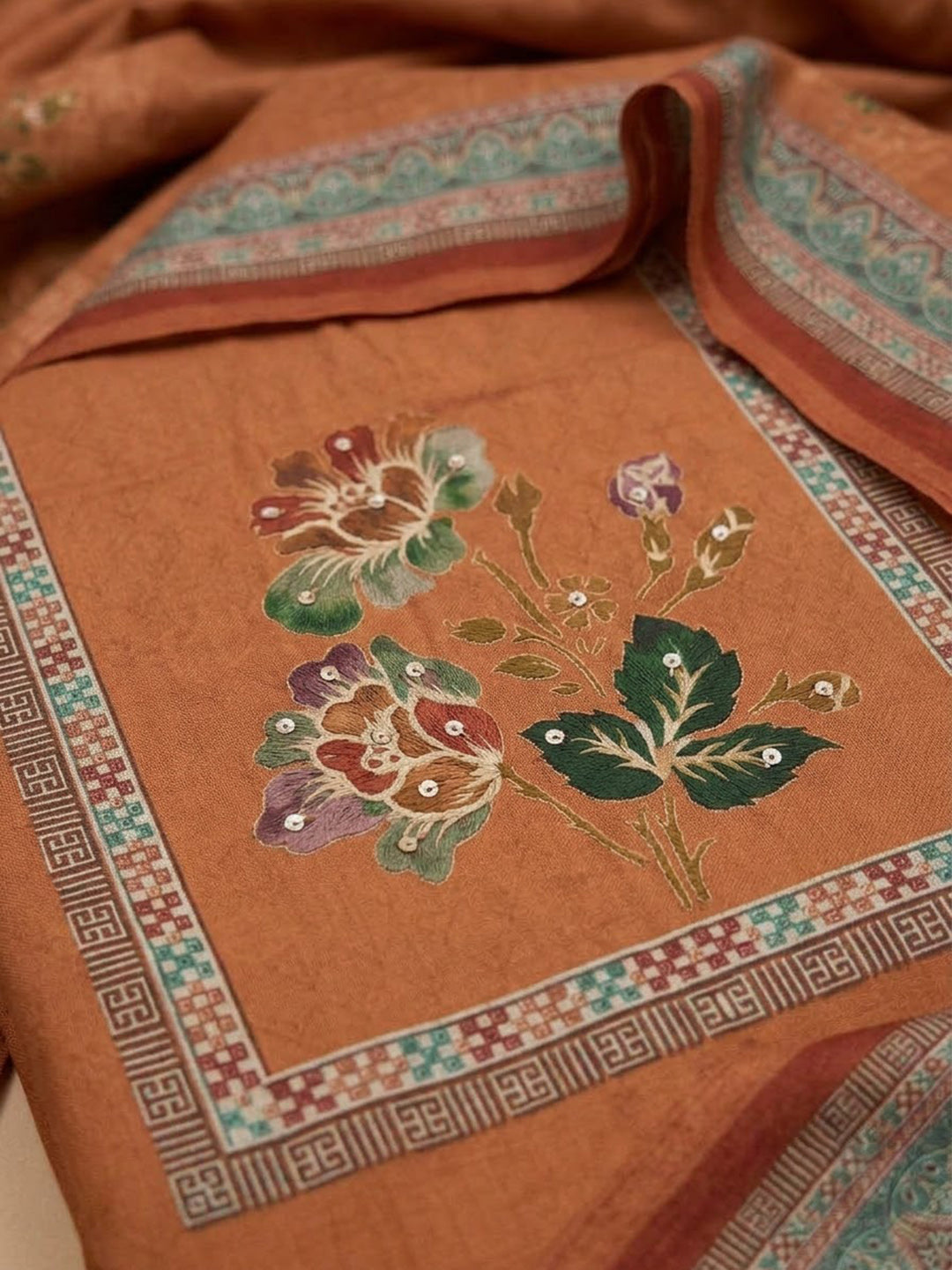 Rust Cotton Blend Printed Unstitched Dress Material