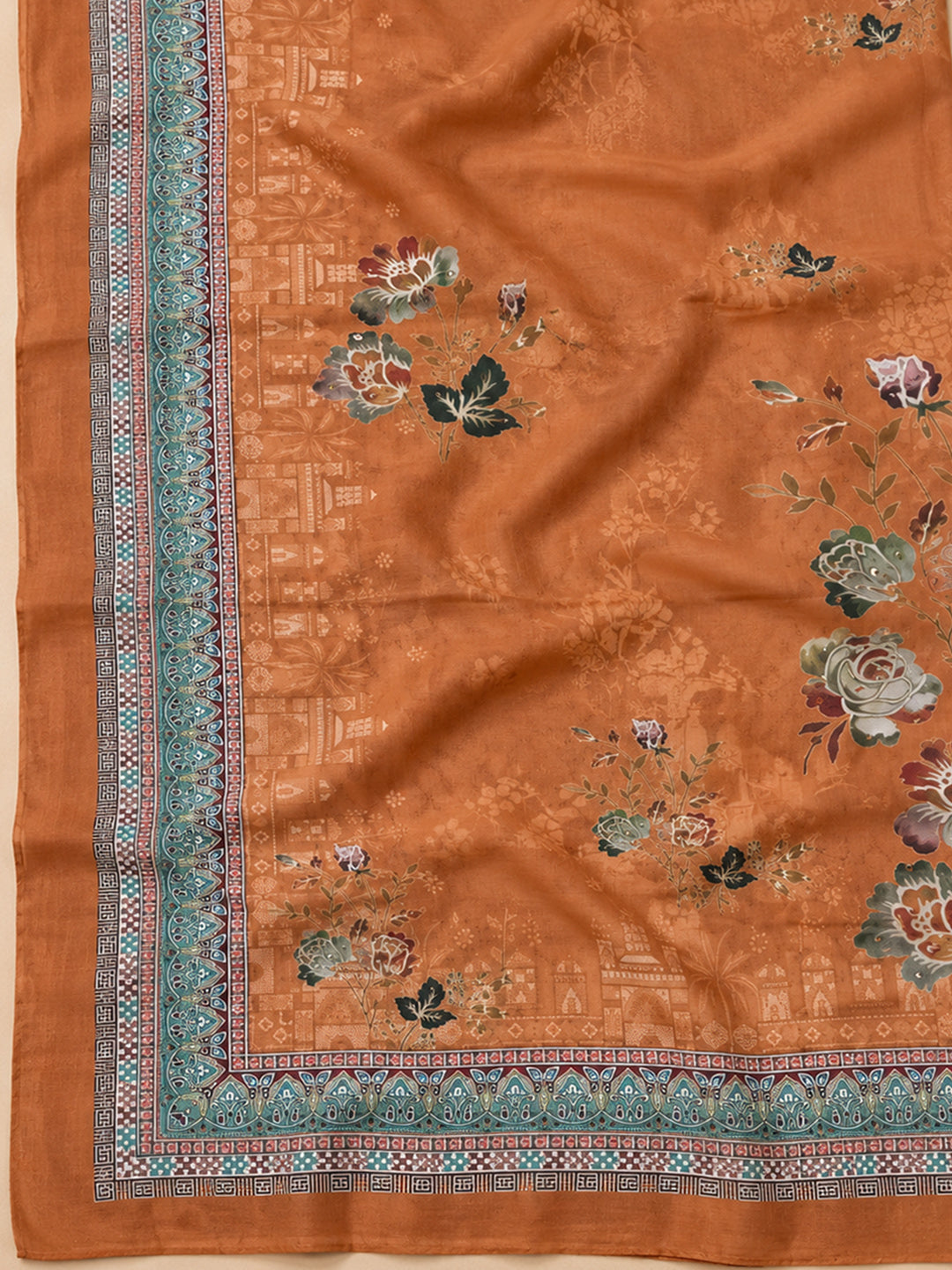 Rust Cotton Blend Printed Unstitched Dress Material