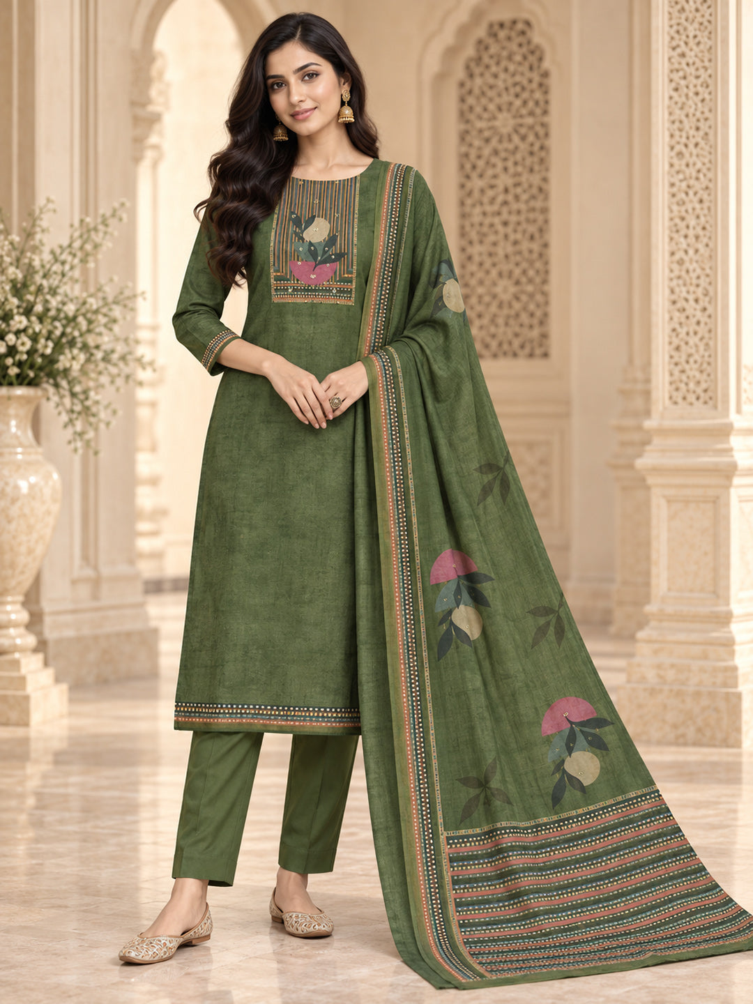 Mehndi Cotton Blend Printed Unstitched Dress Material