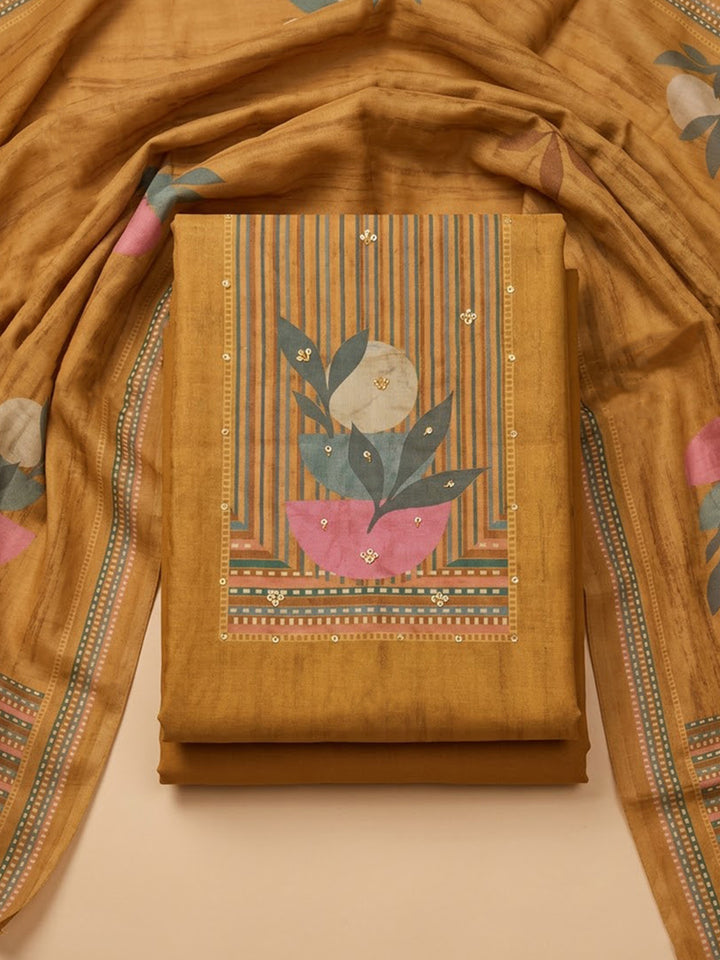 Mustard Cotton Blend Printed Unstitched Dress Material