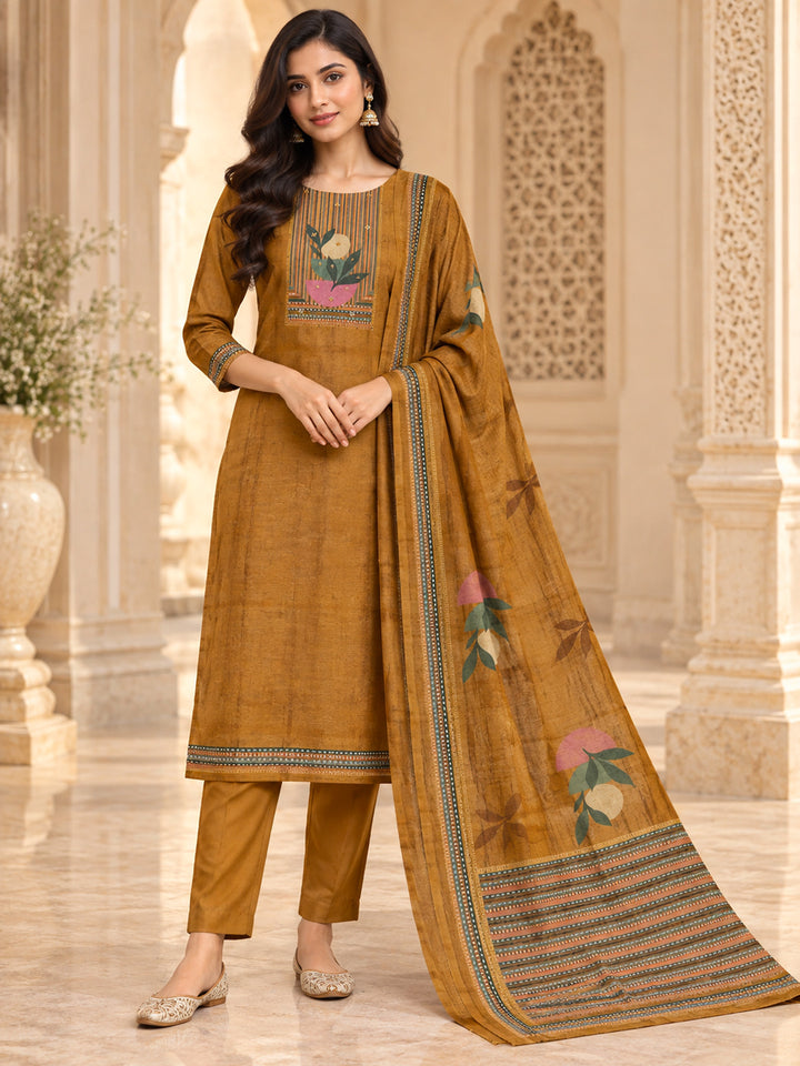 Mustard Cotton Blend Printed Unstitched Dress Material