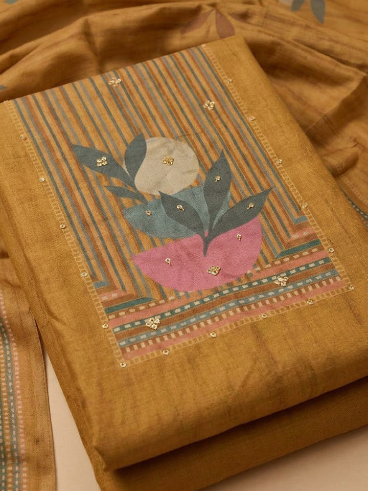 Mustard Cotton Blend Printed Unstitched Dress Material