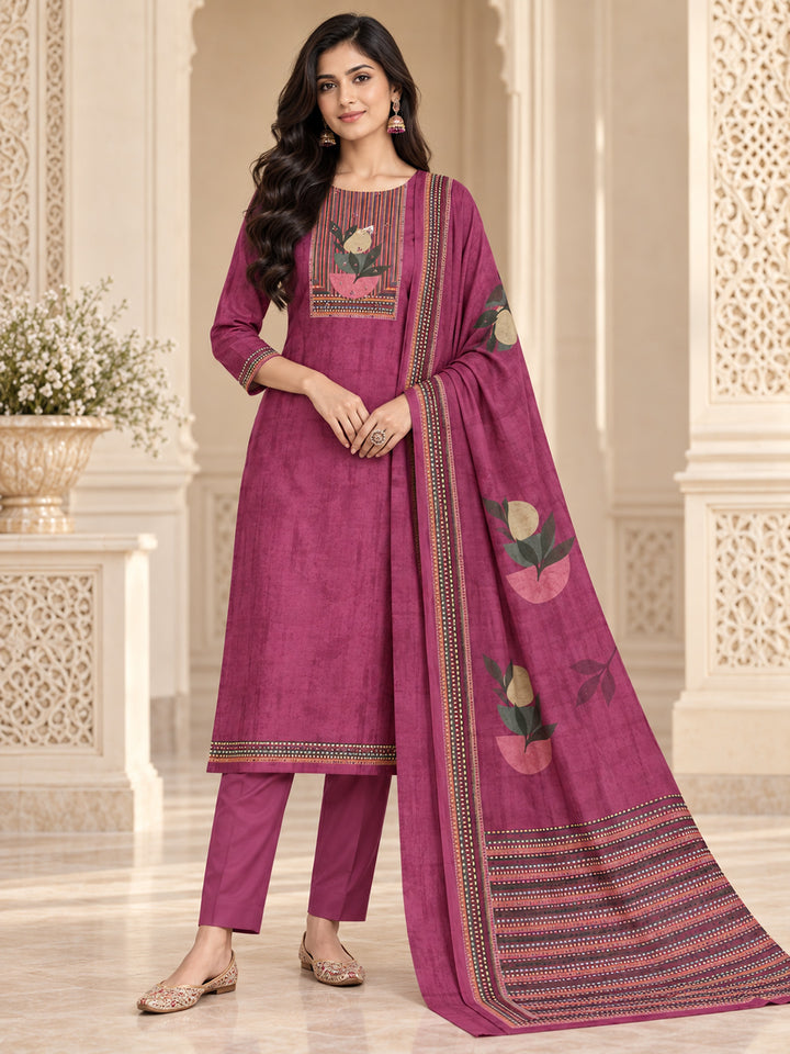 Onion Pink Cotton Blend Printed Unstitched Dress Material