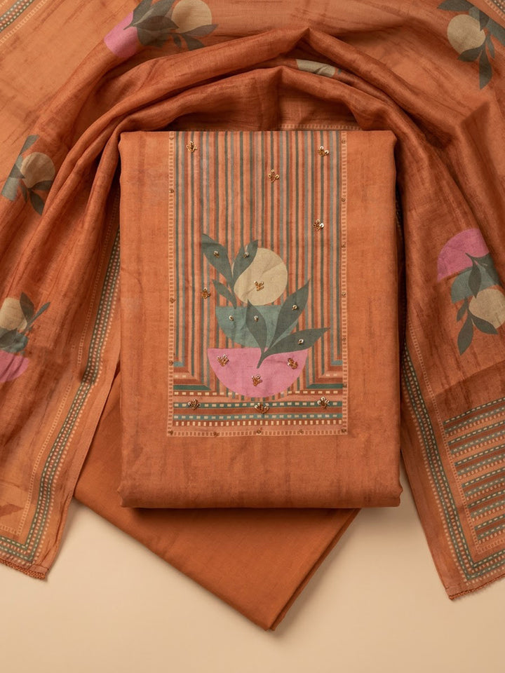 Rust Cotton Blend Printed Unstitched Dress Material