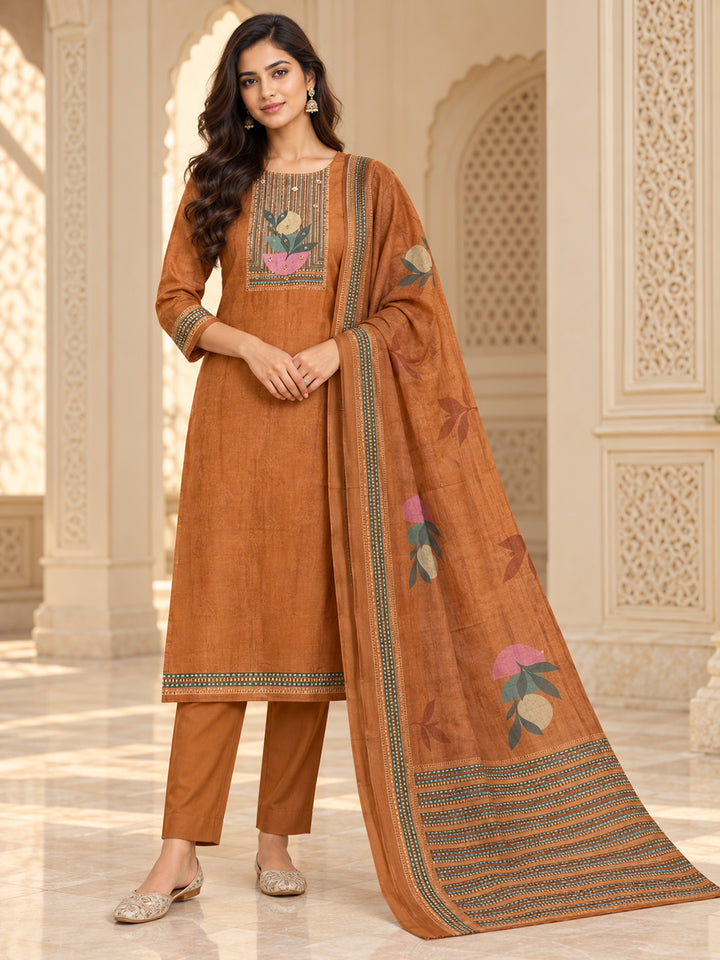 Rust Cotton Blend Printed Unstitched Dress Material