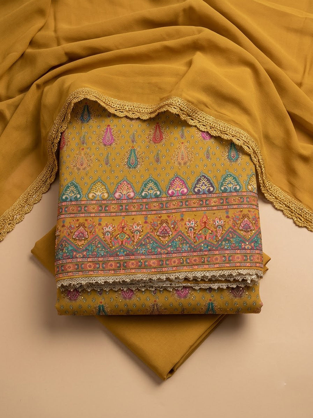 Mustard Cotton Blend Printed Unstitched Dress Material
