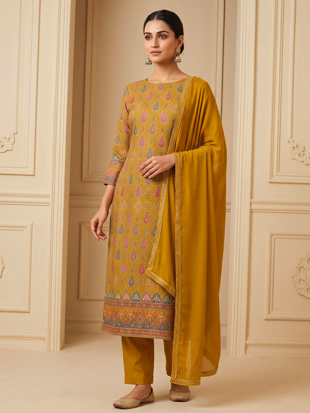 Mustard Cotton Blend Printed Unstitched Dress Material