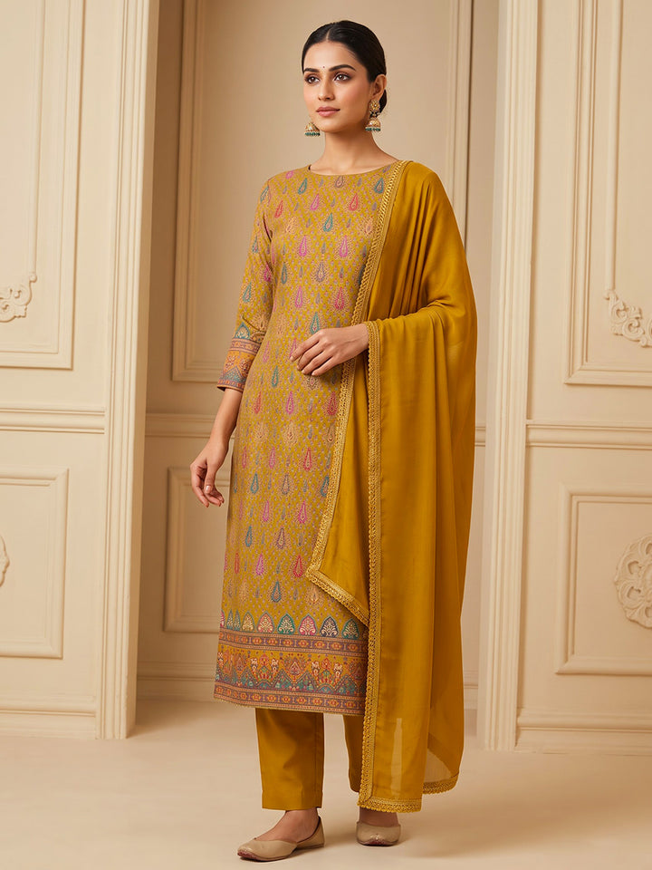 Mustard Cotton Blend Printed Unstitched Dress Material