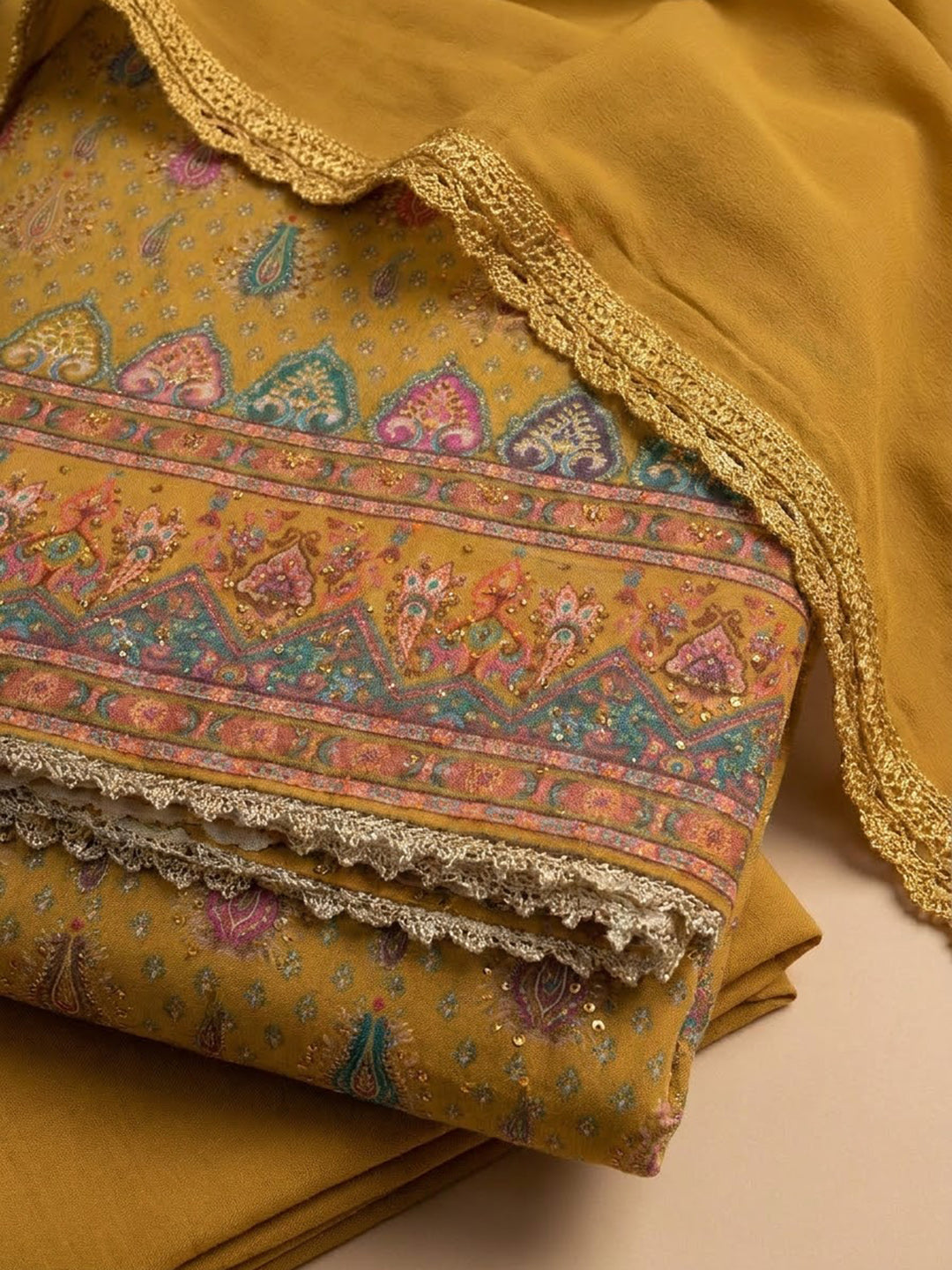 Mustard Cotton Blend Printed Unstitched Dress Material