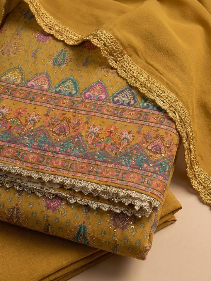 Mustard Cotton Blend Printed Unstitched Dress Material