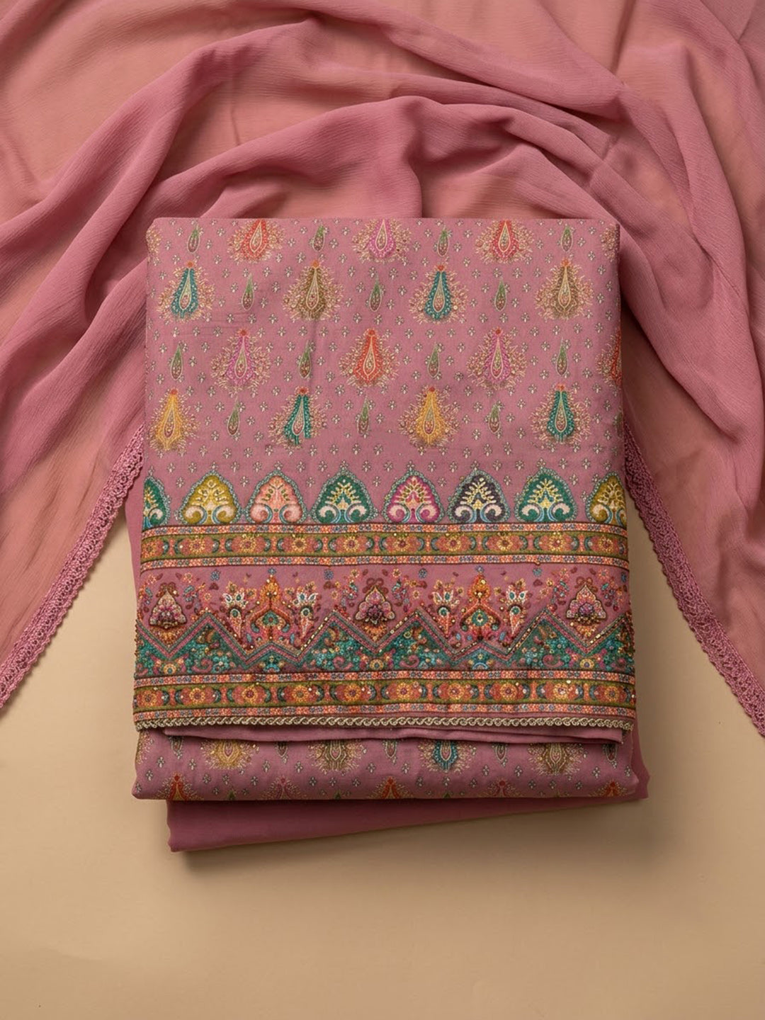 Onion Pink Cotton Blend Printed Unstitched Dress Material