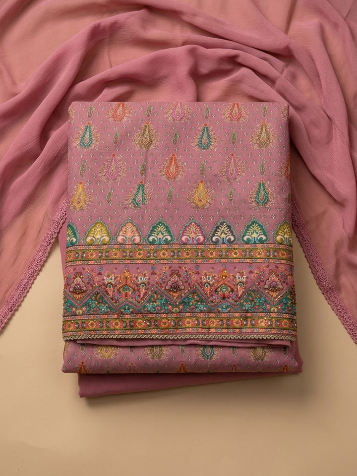 Onion Pink Cotton Blend Printed Unstitched Dress Material