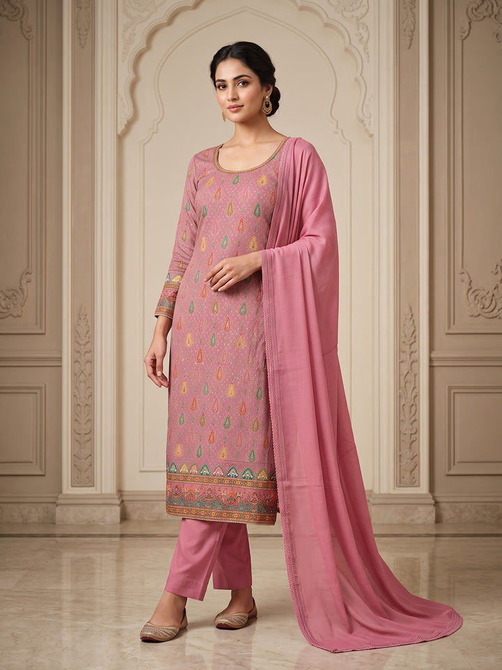 Onion Pink Cotton Blend Printed Unstitched Dress Material