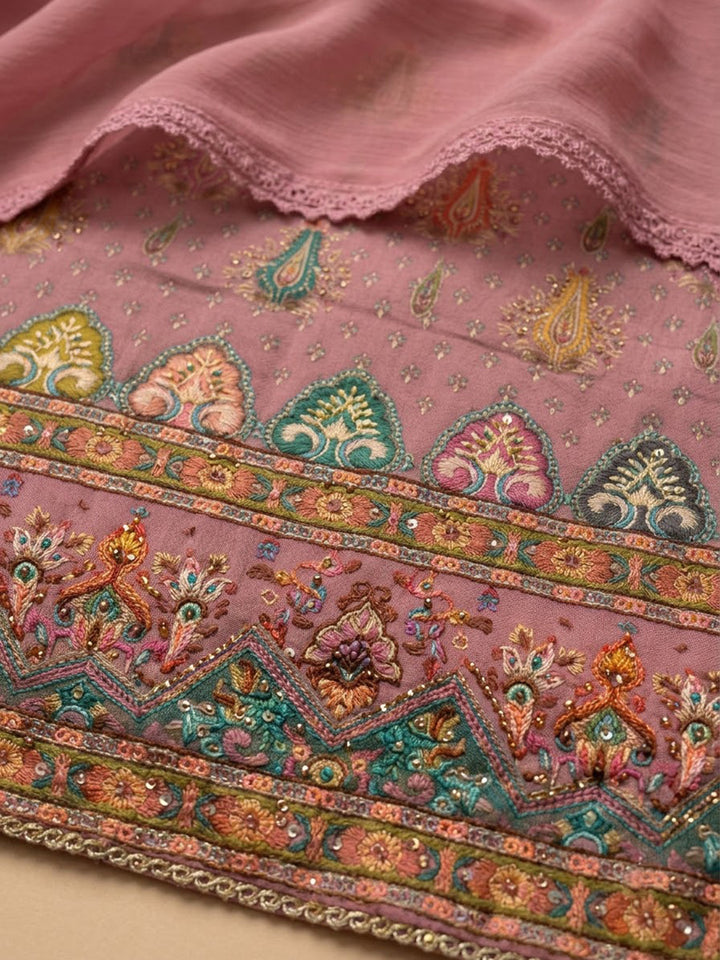 Onion Pink Cotton Blend Printed Unstitched Dress Material