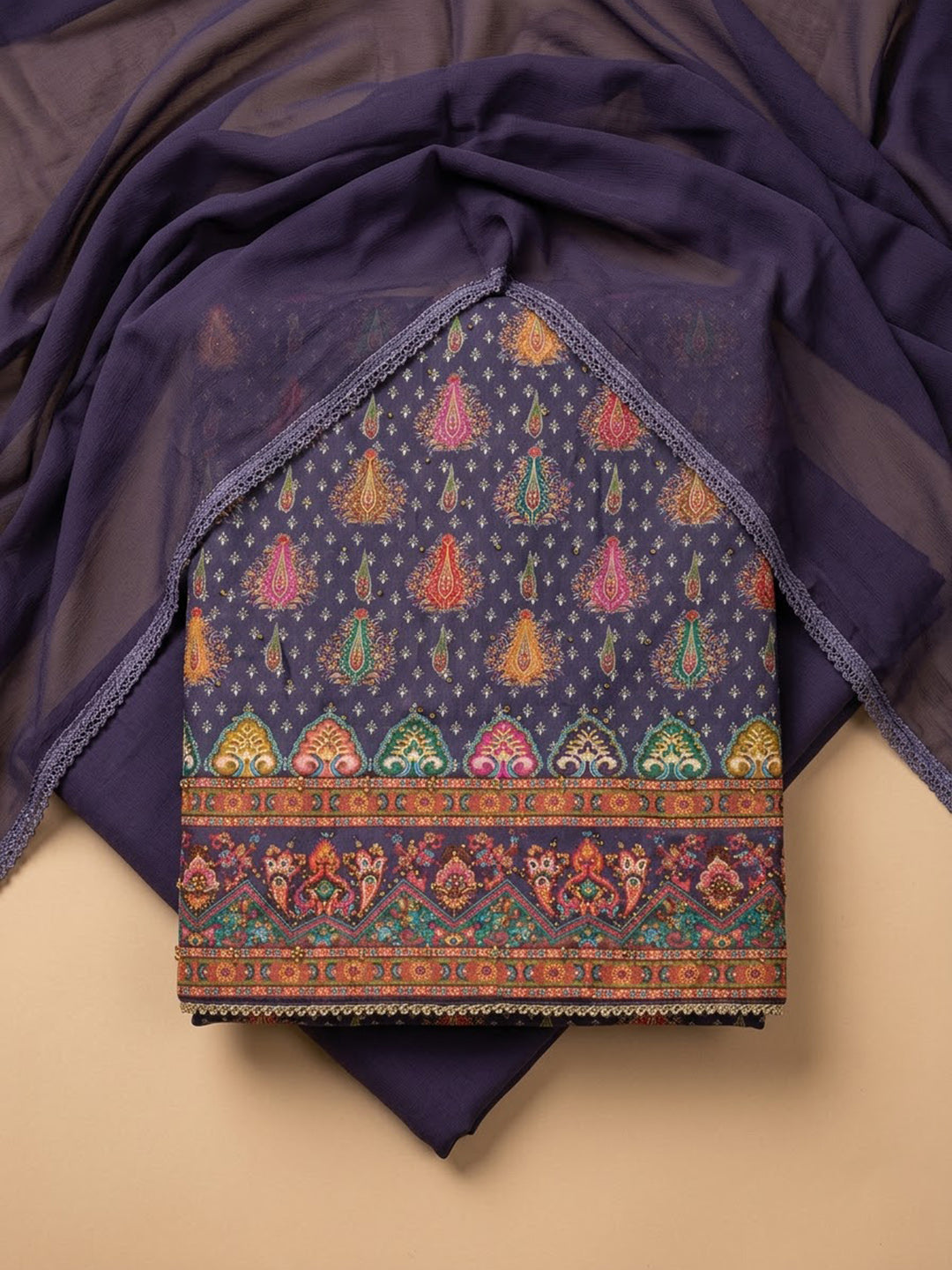 Purple Cotton Blend Printed Unstitched Dress Material