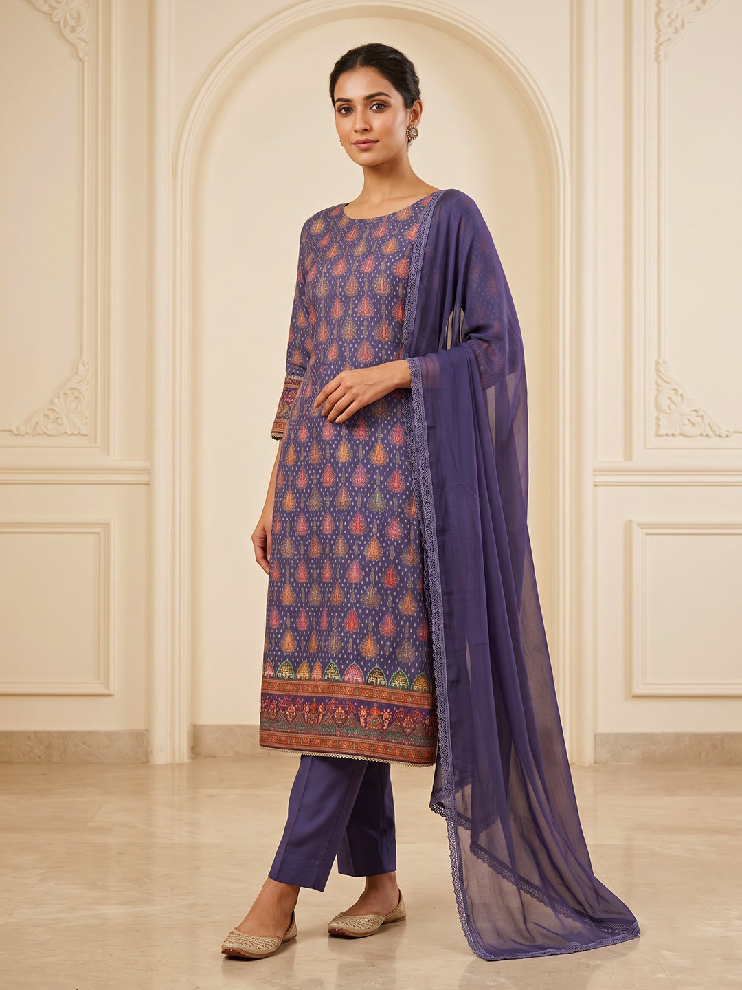 Purple Cotton Blend Printed Unstitched Dress Material