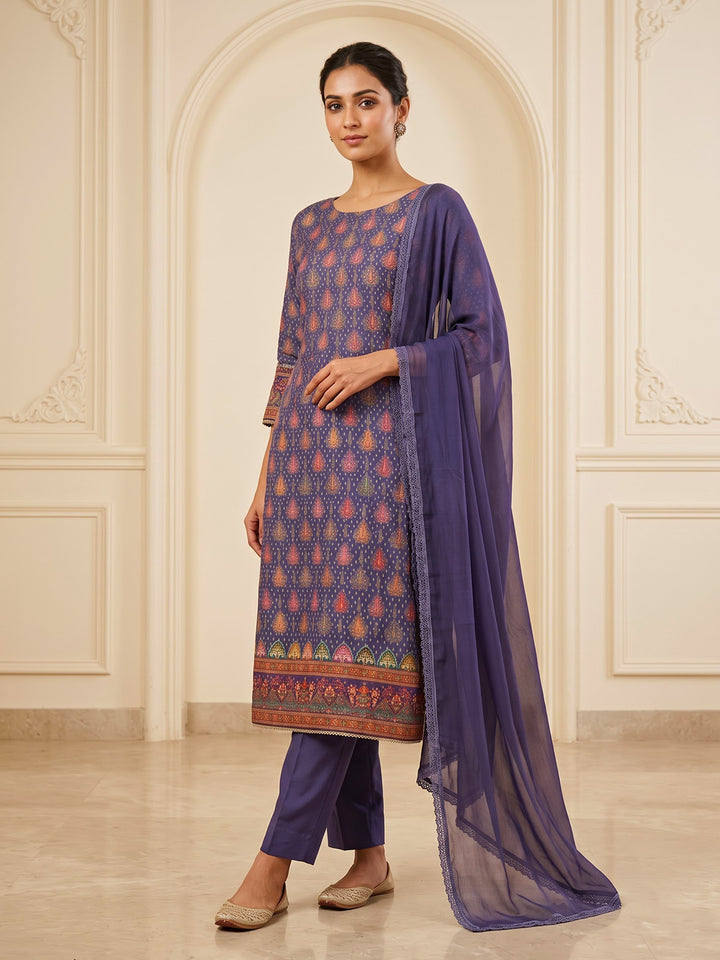 Purple Cotton Blend Printed Unstitched Dress Material