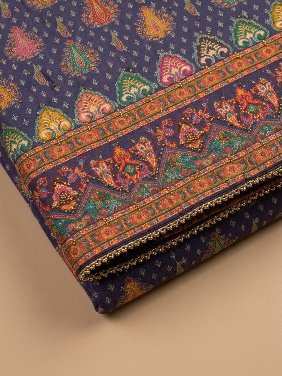 Purple Cotton Blend Printed Unstitched Dress Material