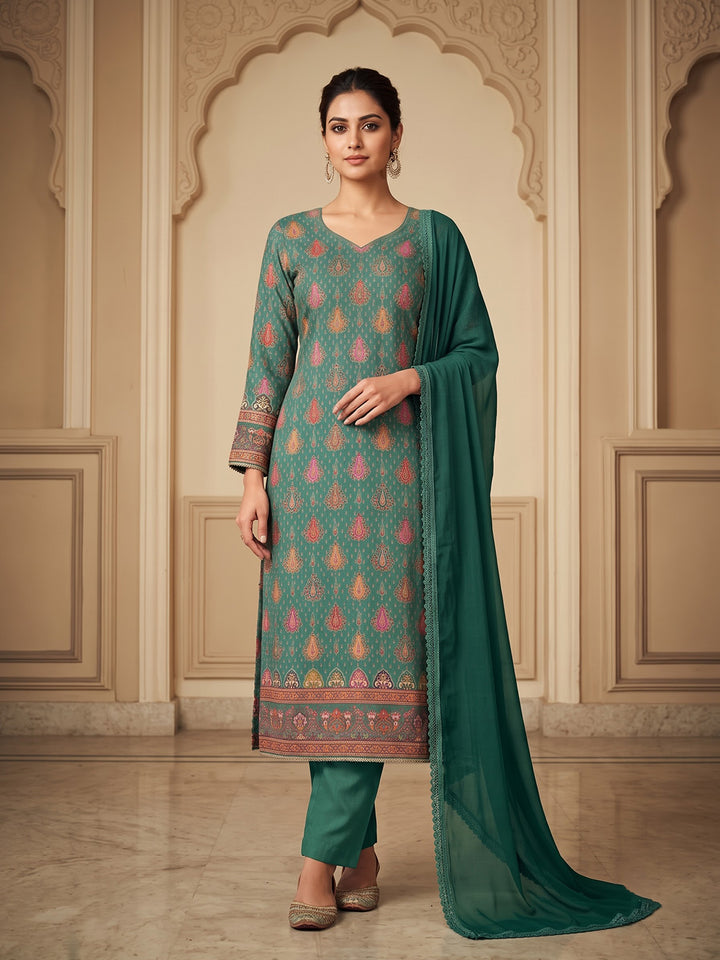 Rama Green Cotton Blend Printed Unstitched Dress Material