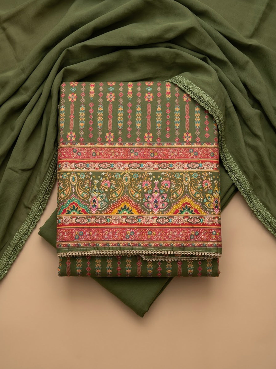 Bottle Green Cotton Blend Printed Unstitched Dress Material