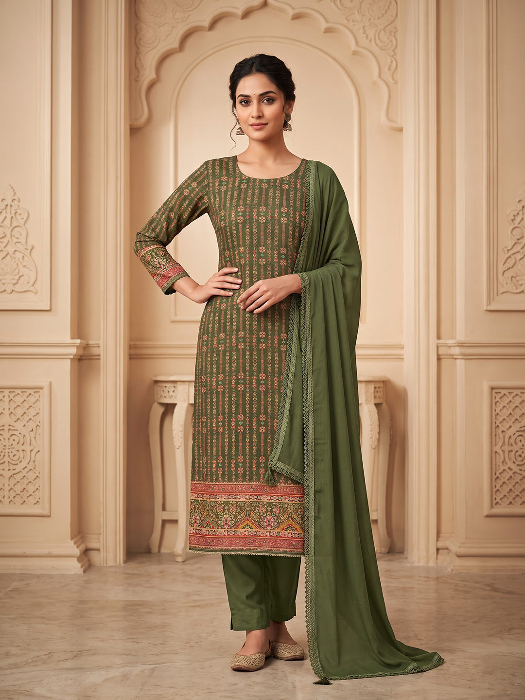 Bottle Green Cotton Blend Printed Unstitched Dress Material