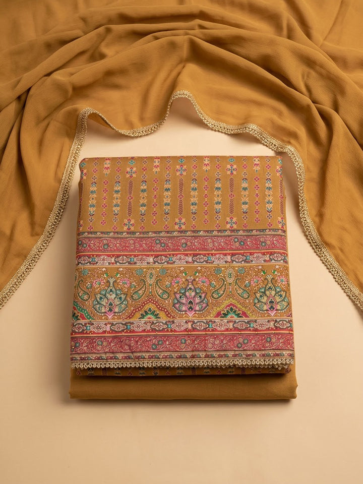 Mustard Cotton Blend Printed Unstitched Dress Material