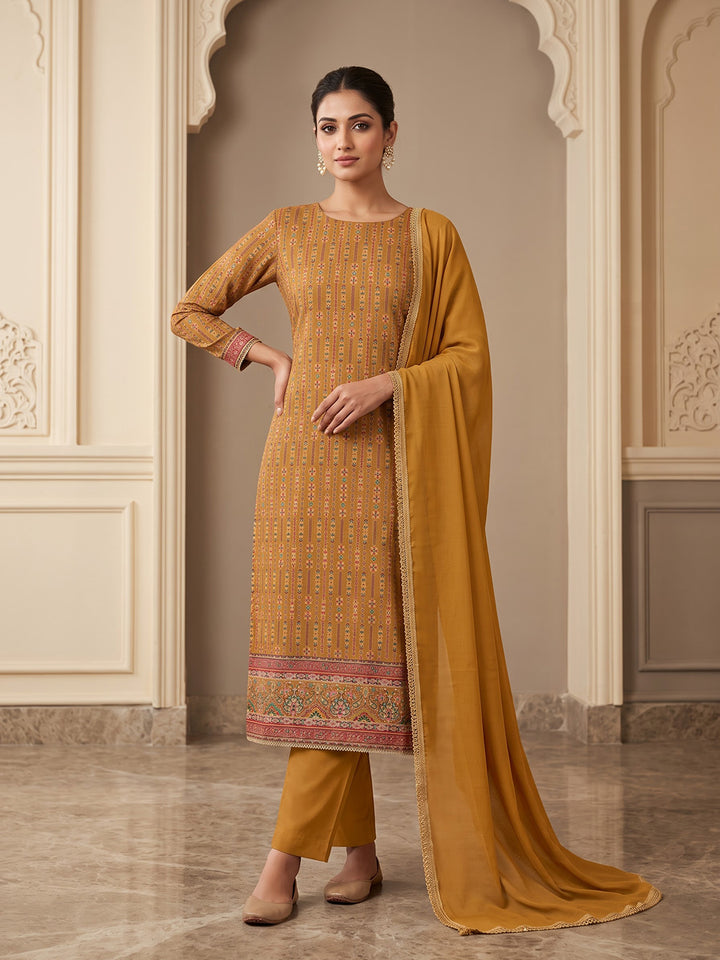 Mustard Cotton Blend Printed Unstitched Dress Material