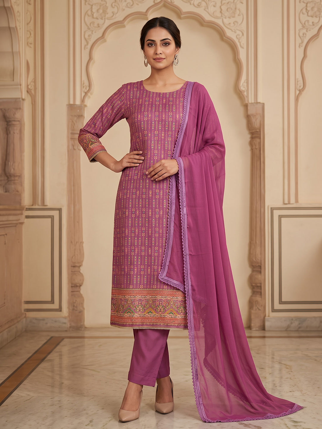 Onion Pink Cotton Blend Printed Unstitched Dress Material