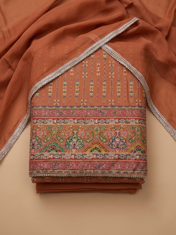 Rust Cotton Blend Printed Unstitched Dress Material