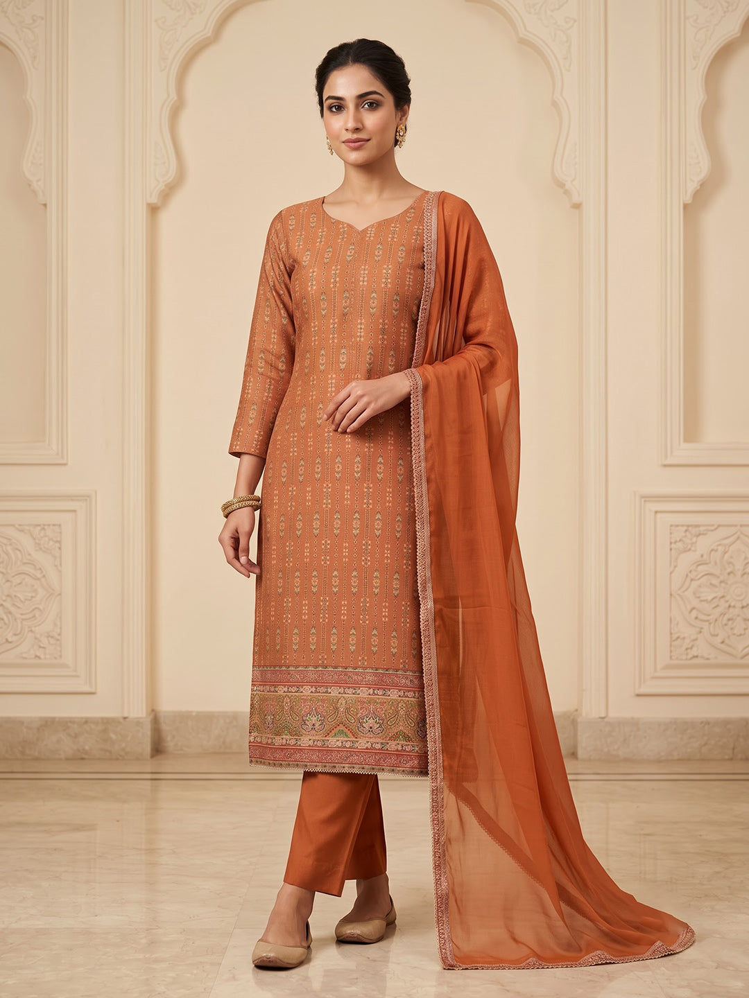 Rust Cotton Blend Printed Unstitched Dress Material