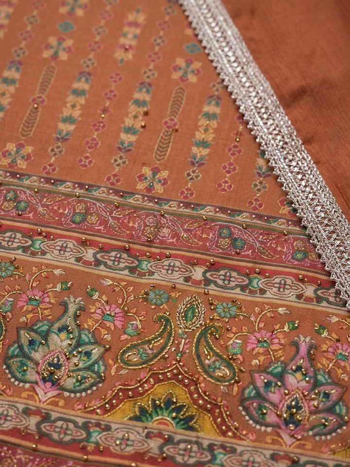 Rust Cotton Blend Printed Unstitched Dress Material