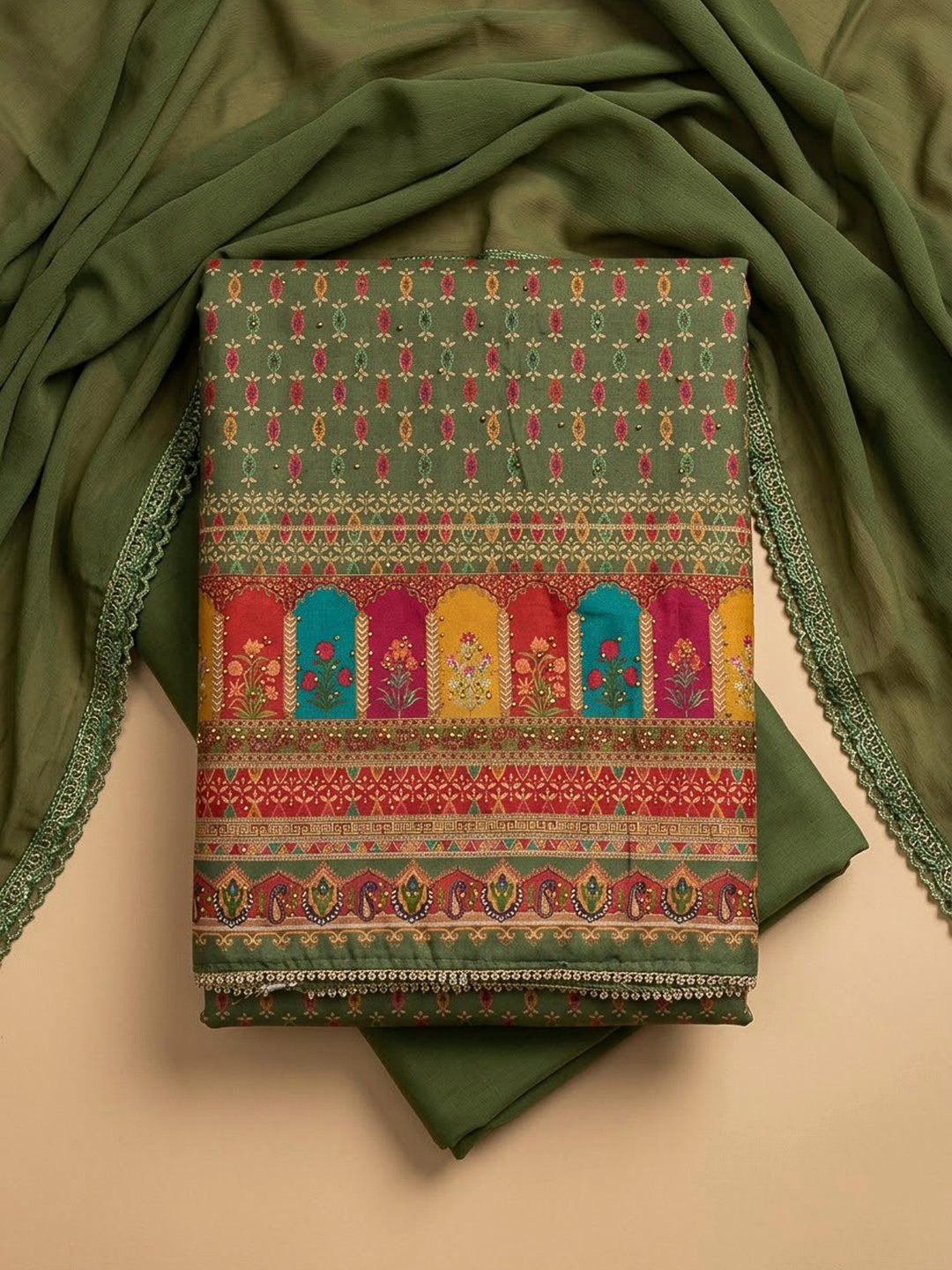 Green Cotton Blend Printed Unstitched Dress Material